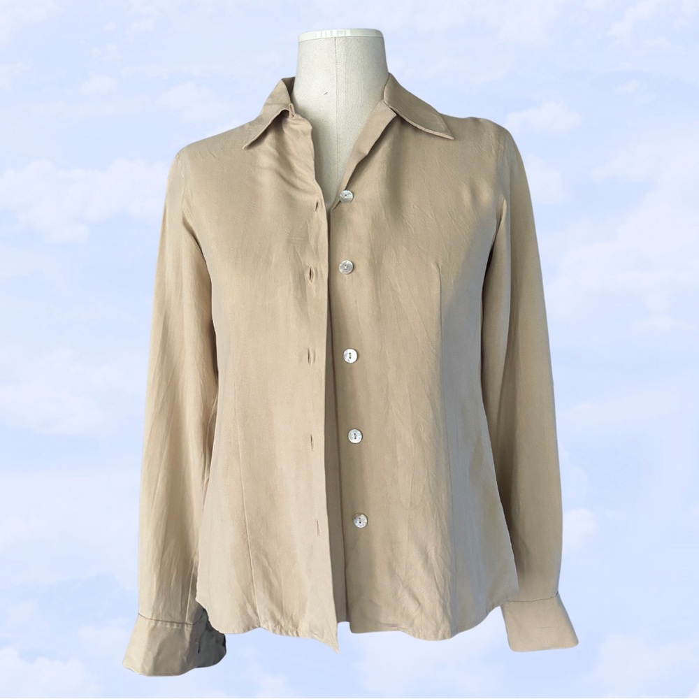 ON HOLD Silk Beige Blouse Tan Long Sleeve Top 90s Petite size
